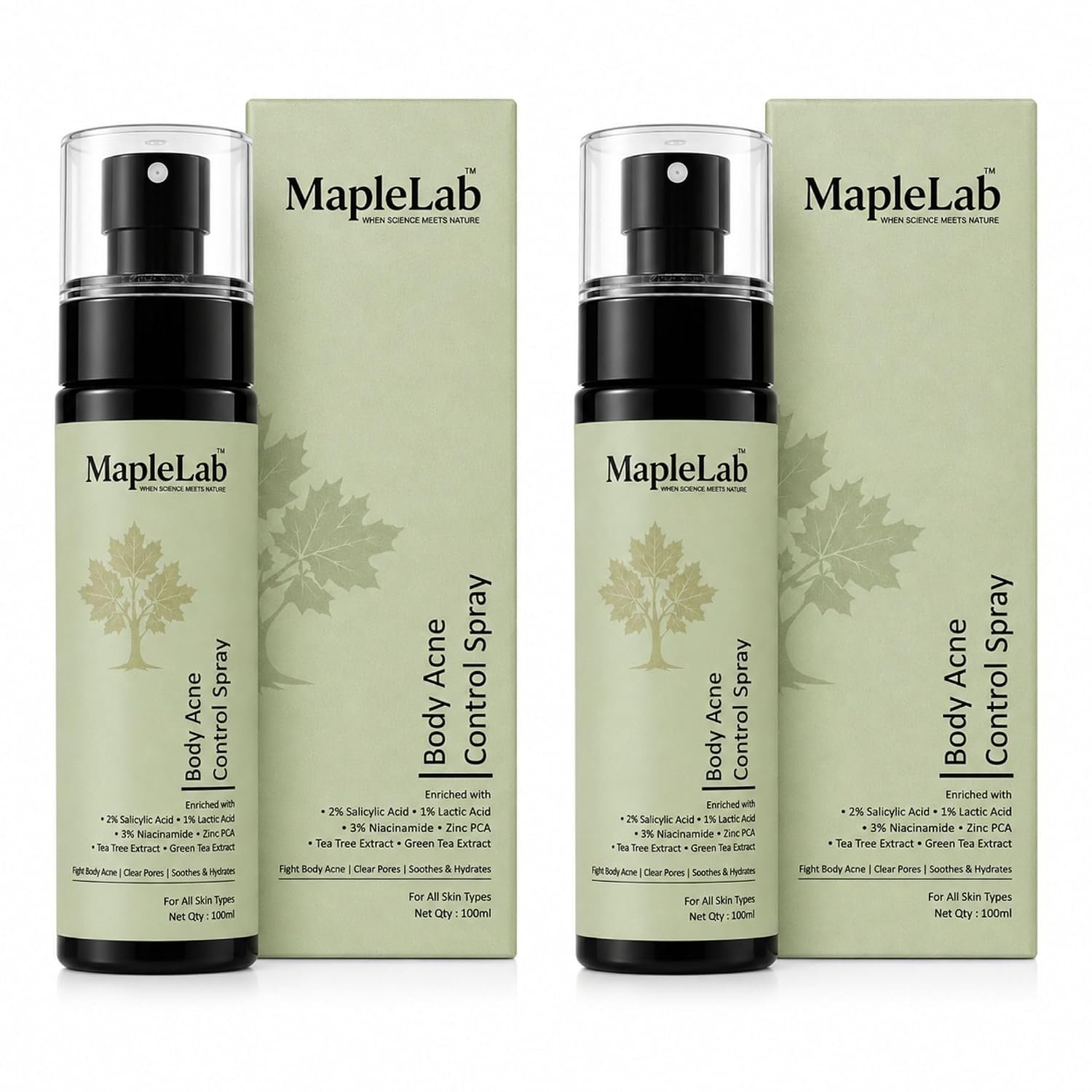 MapleLab Body Acne Control Spray Combo Pack of 2 | 100ml Each | 2% Salicylic Acid, 3% Niacinamide & 1% Lactic Acid | With Zinc PCA, Tea Tree & Green Tea Extract | Body Acne Care for All Skin Types