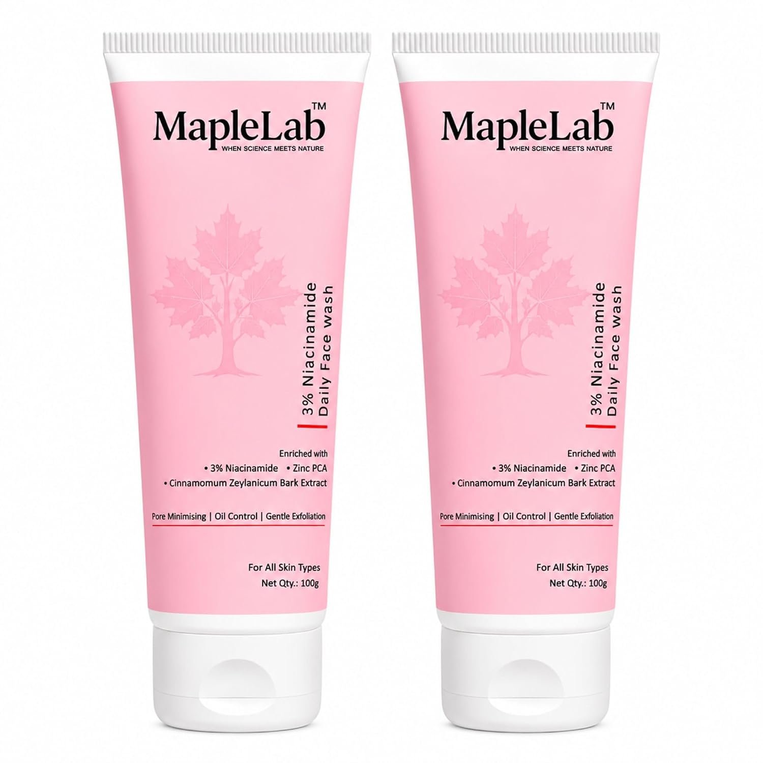 MapleLab Niacinamide Facewash Combo Pack of 2 | 3% Niacinamide Daily Facewash 100g Each | With Zinc PCA & Cinnamomum Zeylanicum Bark Extract | Oil Control | Pore Minimizing