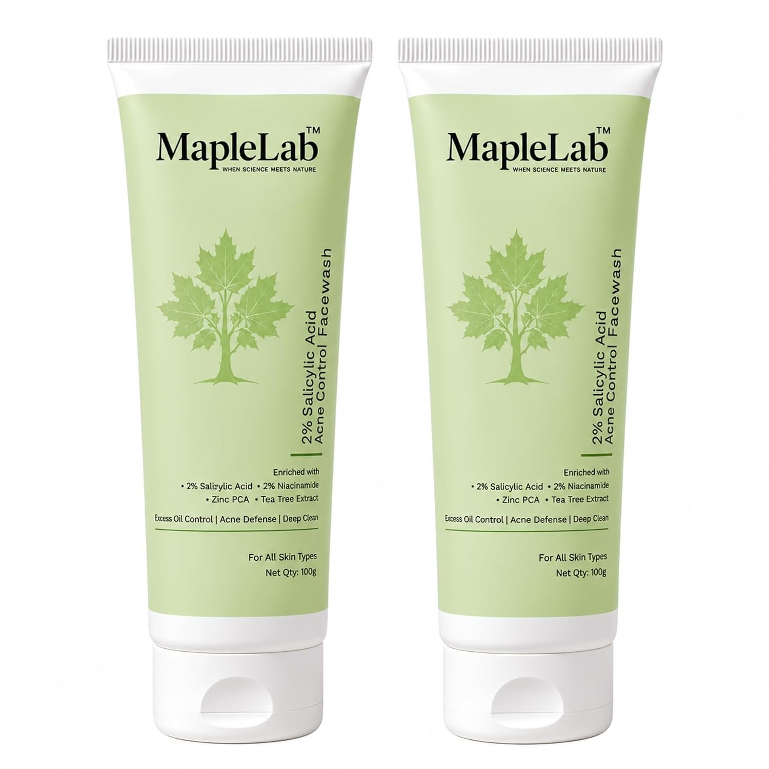 MapleLab Salicylic Acid Face Wash Combo Pack of 2 | 2% Salicylic Acid Acne Control Face Wash 100g Each | With Niacinamide & Zinc PCA | For All Skin Types