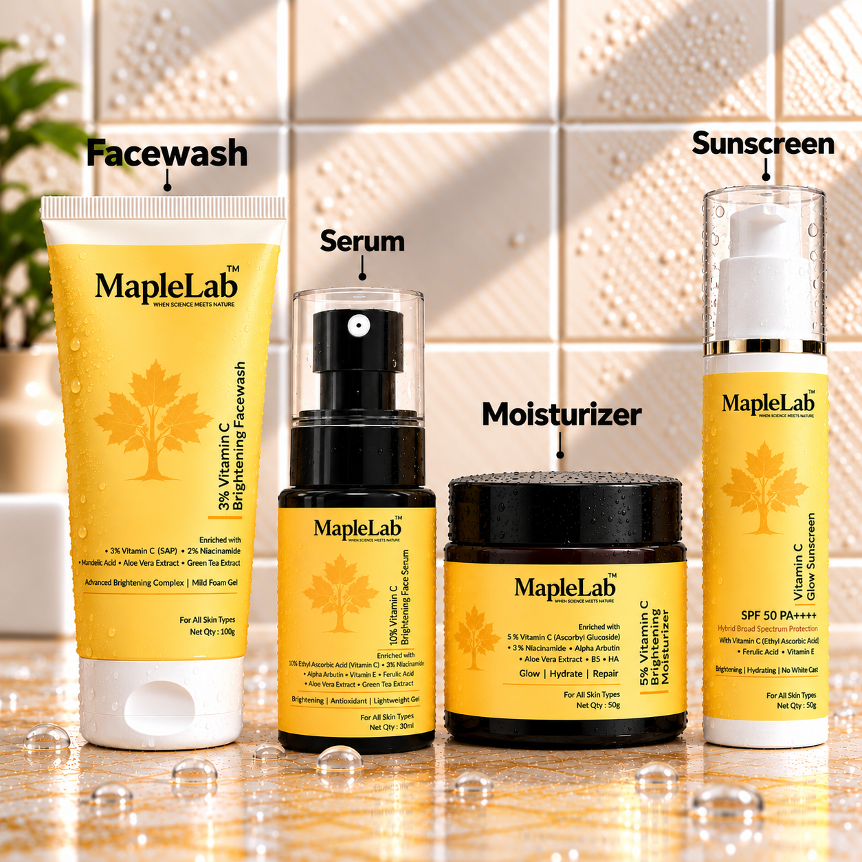 MapleLab Vitamin C Brightening Skincare Kit Set of 4 | 3% Vitamin C Facewash 100g | 10% Vitamin C Serum 30ml | 5% Vitamin C Moisturizer 50g | Vitamin C Glow Sunscreen SPF 50 PA++++ 50g
