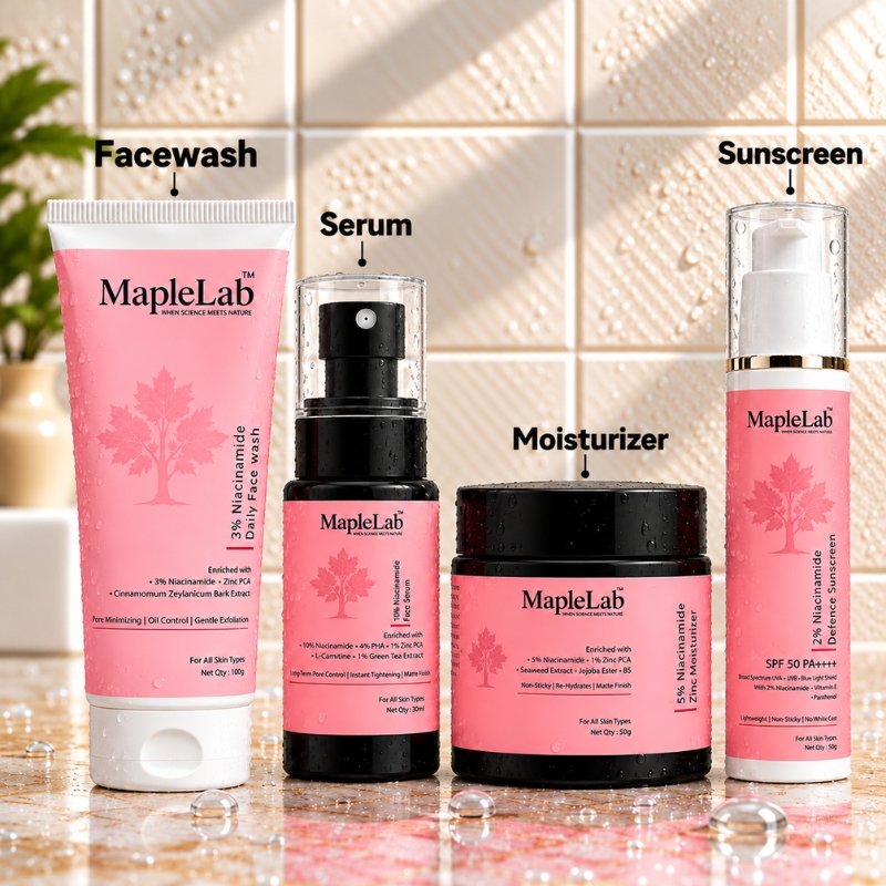 MapleLab Niacinamide Pore Minimising Skincare Kit Set of 4 | 3% Niacinamide Daily Facewash 100g | 10% Niacinamide Face Serum 30ml | 5% Niacinamide Moisturizer 50g | Niacinamide Defense Sunscreen SPF 50 PA++++ 50g
