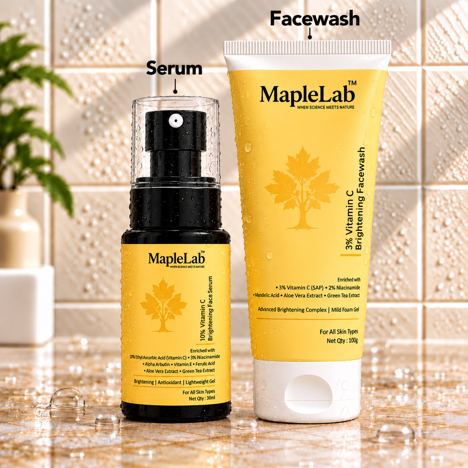 MapleLab Vitamin C Skincare Kit Set of 2 | 3% Vitamin C Brightening Facewash 100g | 10% Vitamin C Brightening Face Serum 30ml | Daily Skincare Kit for All Skin Types | Brightening Duo