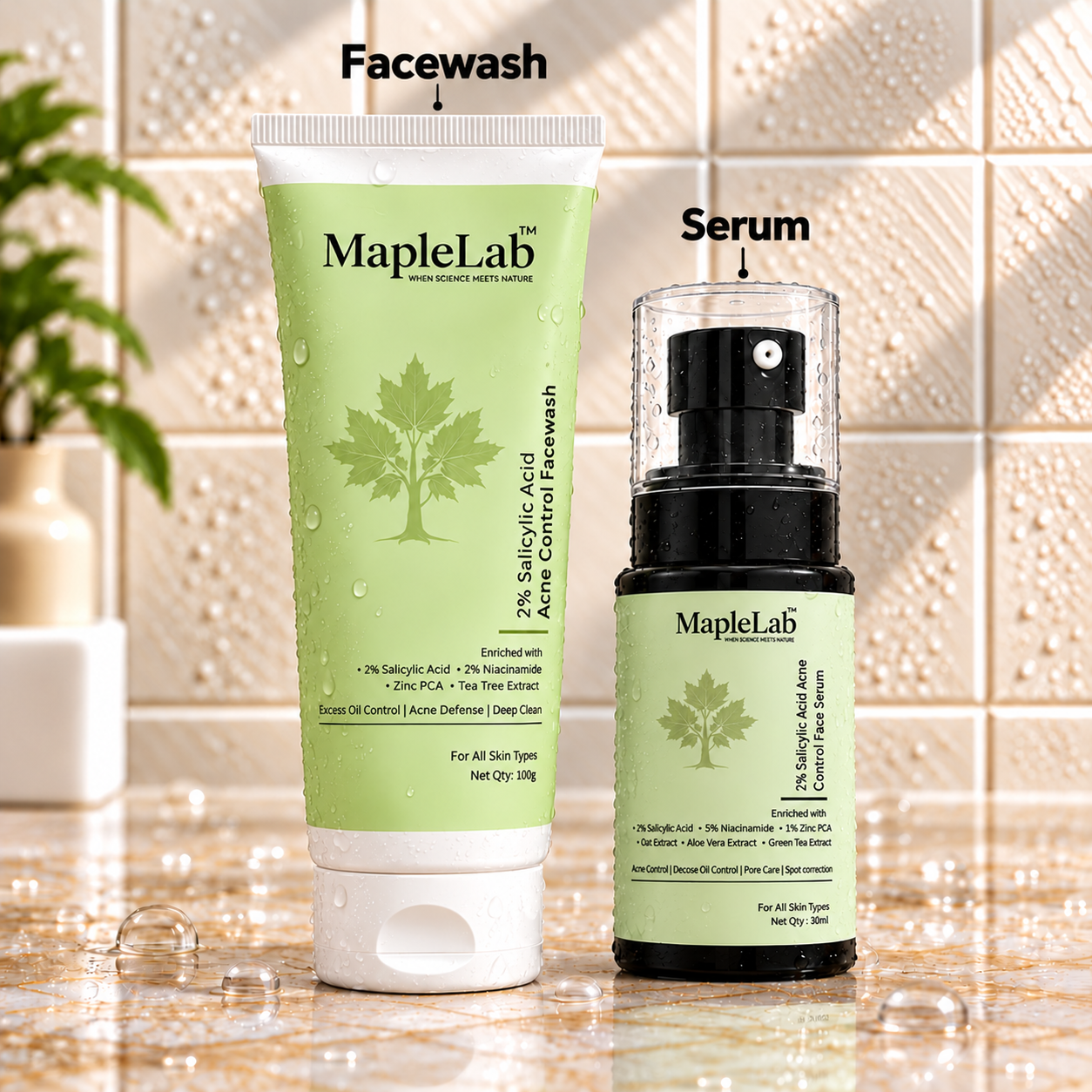 MapleLab Acne Control Skincare Kit Set of 2 | 2% Salicylic Acid Acne Control Facewash 100g | 2% Salicylic Acid Acne Control Face Serum 30ml | Daily Skincare Kit for All Skin Types | Acne Defense Duo