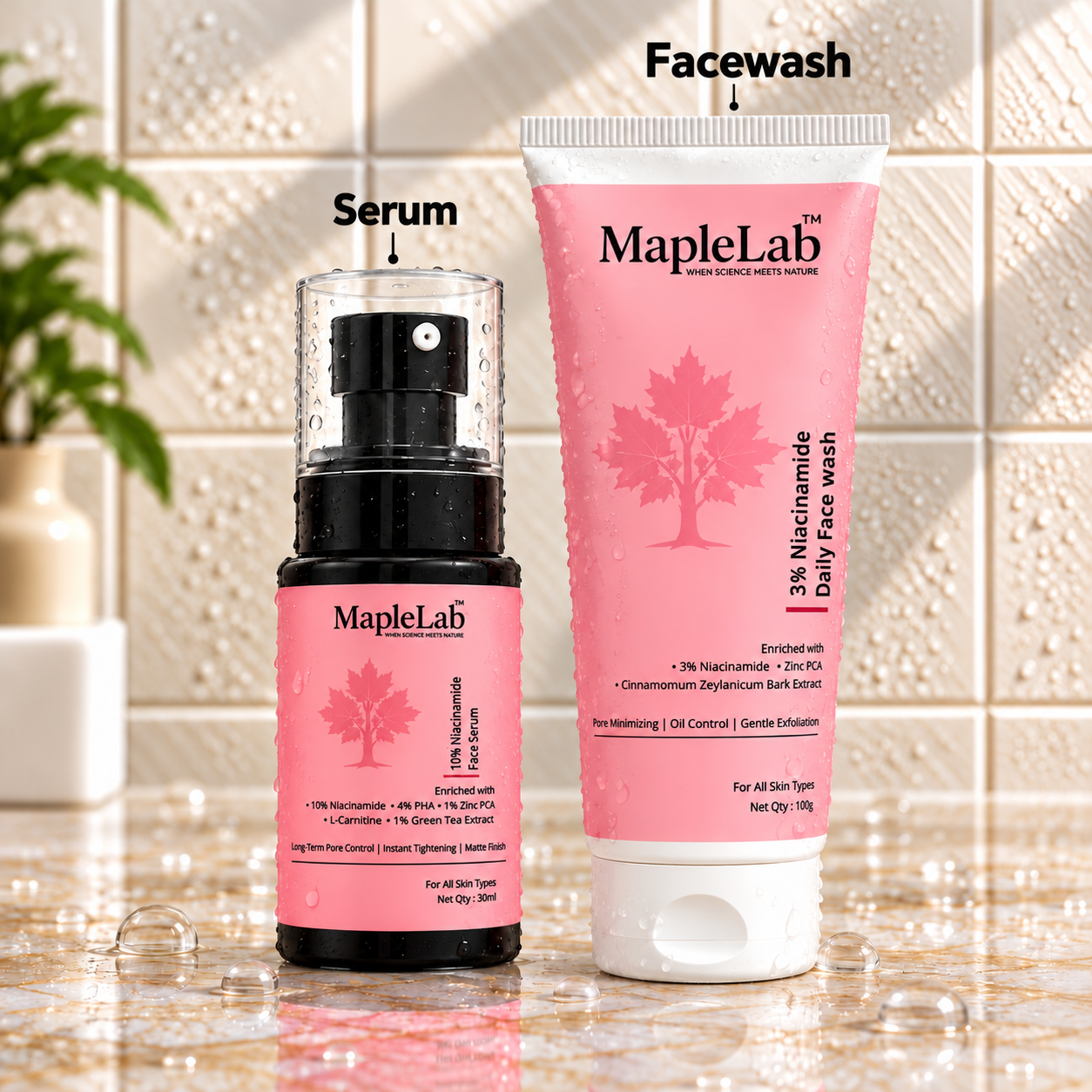 MapleLab Niacinamide Skincare Kit Set of 2 | 3% Niacinamide Daily Facewash 100g | 10% Niacinamide Face Serum 30ml | Daily Skincare Kit for All Skin Types | Pore Minimising Duo