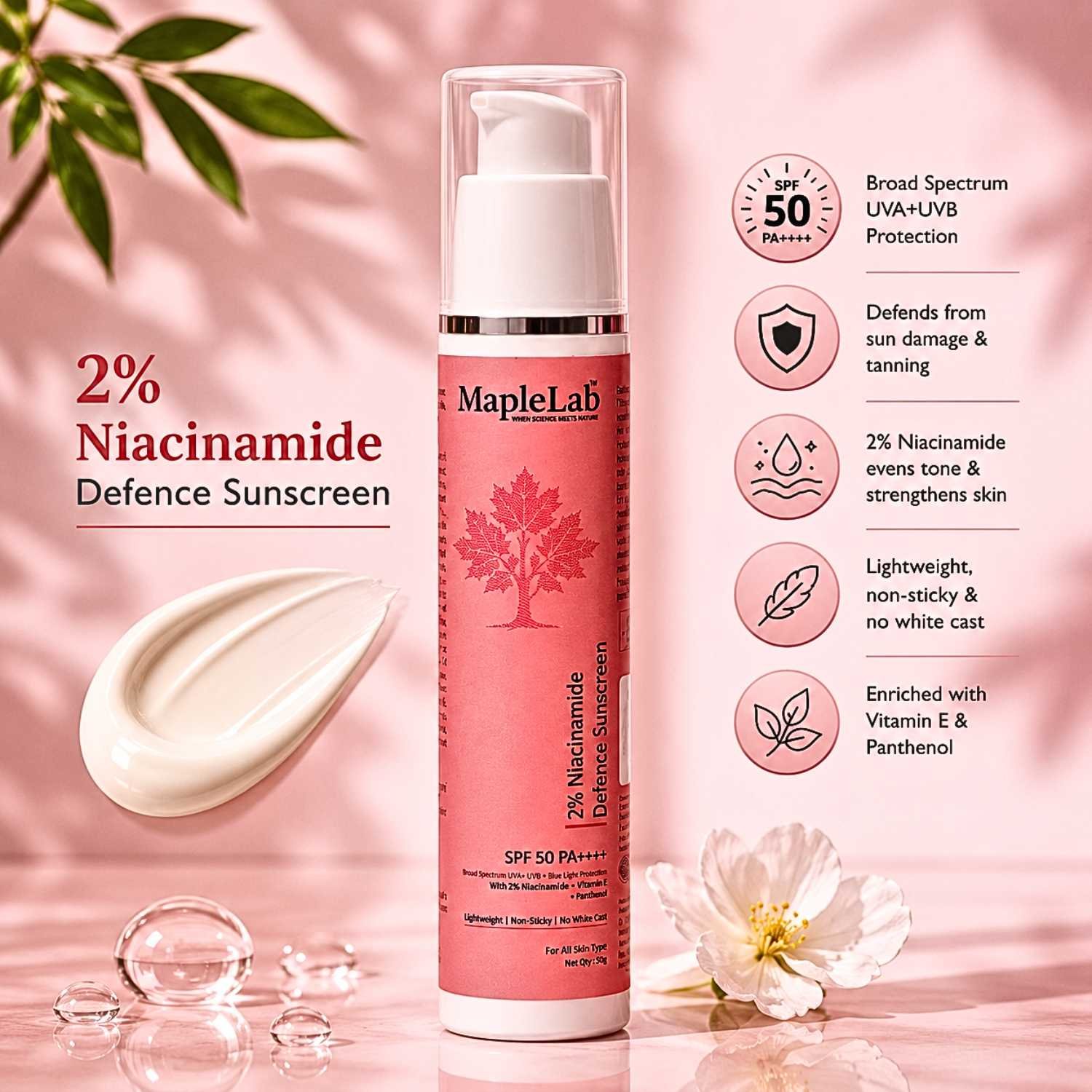 2% Niacinamide Lightweight Hybrid Broad Spectrum  Sunscreen SPF 50 PA++++ with Vitamin E & Pantheol