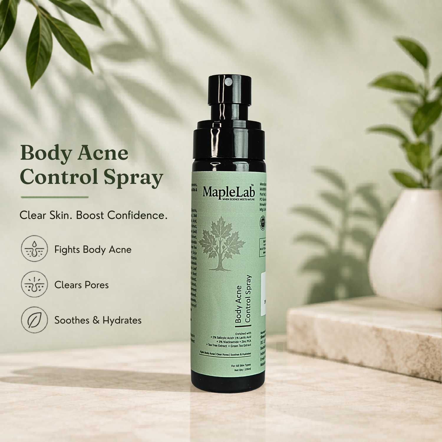 2% Salicylic Acid Body Acne Control Spray with 3% Niacinamide, 1 % Lactic Acid, Zinc PCA, Tea Tree and & Green Tea Extract